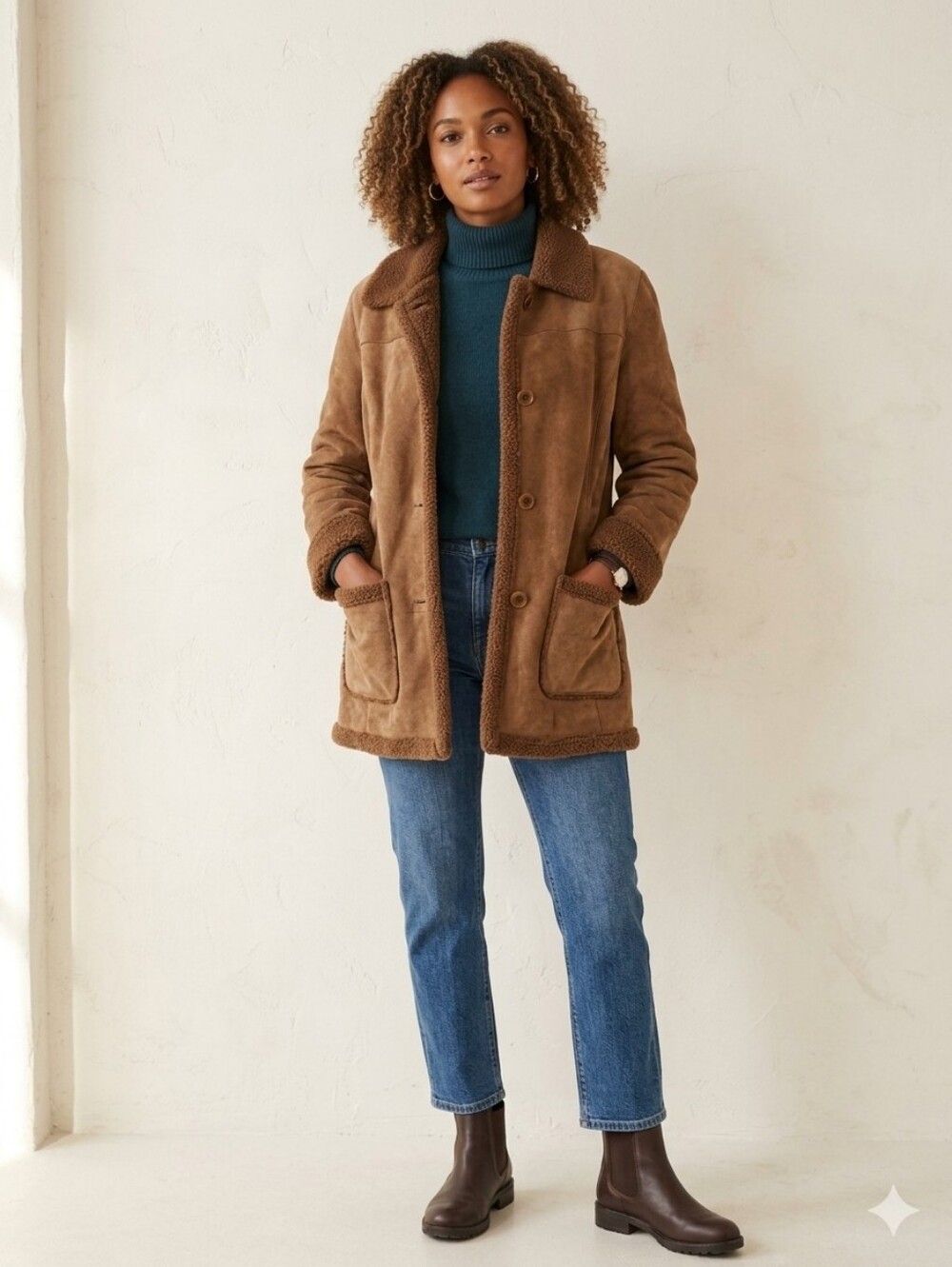 Vtg Alfani Leather & Sherpa Coat Sz L